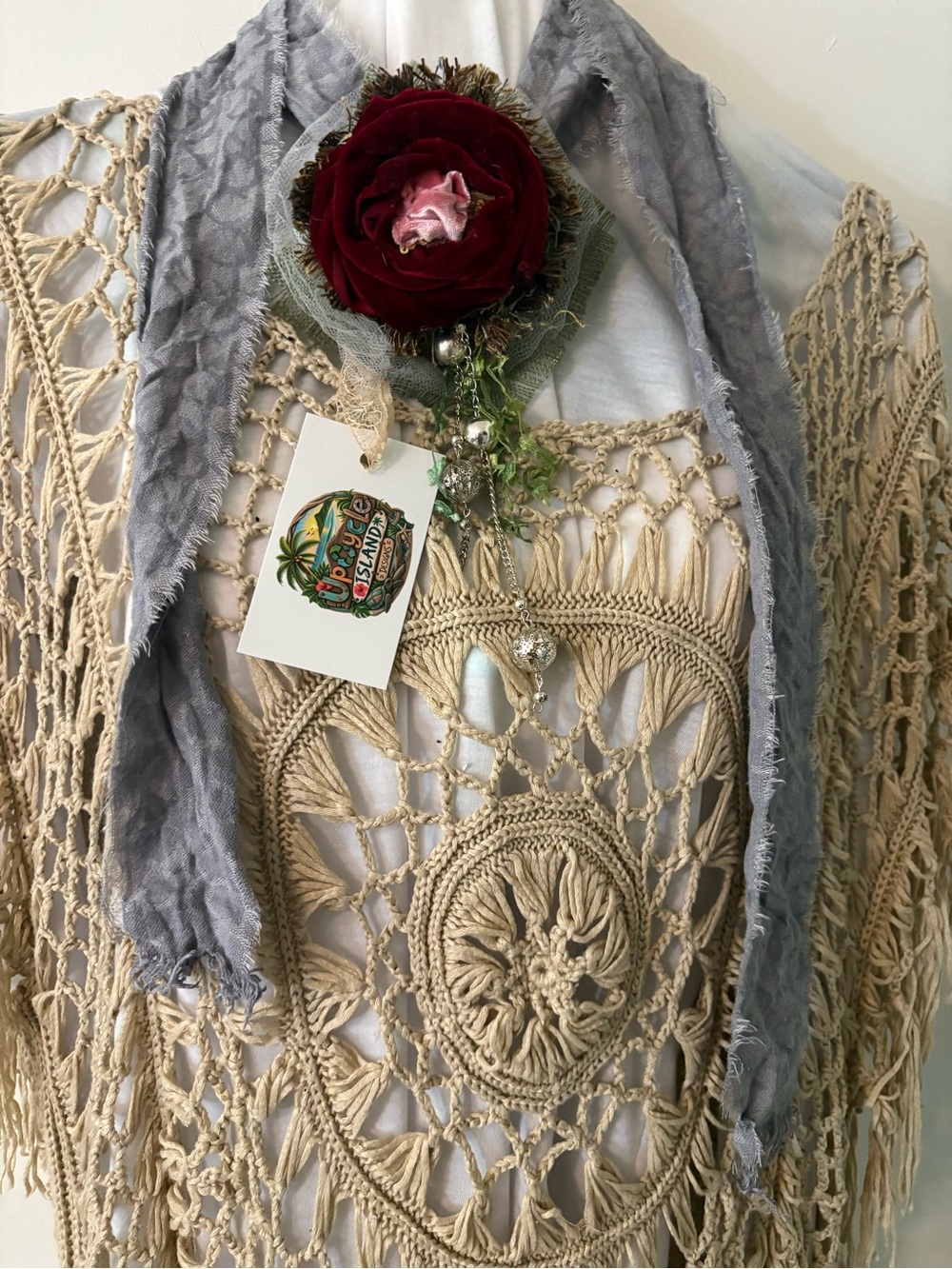 Vintage-Inspired Red Velvet Rose Jabot  Necklace Choker Brooch with Gray Ribbon